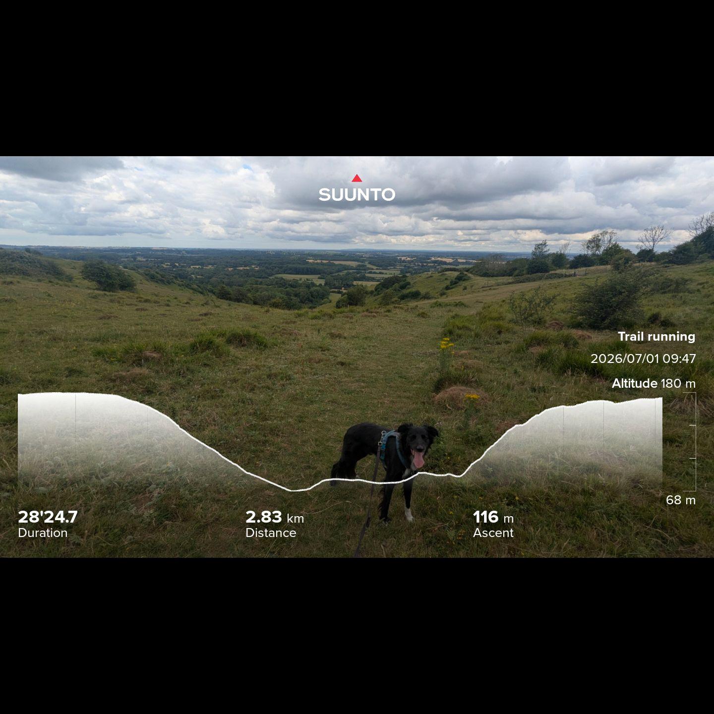 Looking out over the south downs and a small valley called the devil's kneading trough towards the English channel which just about can be seen in the distance. My running stats imprinted on top