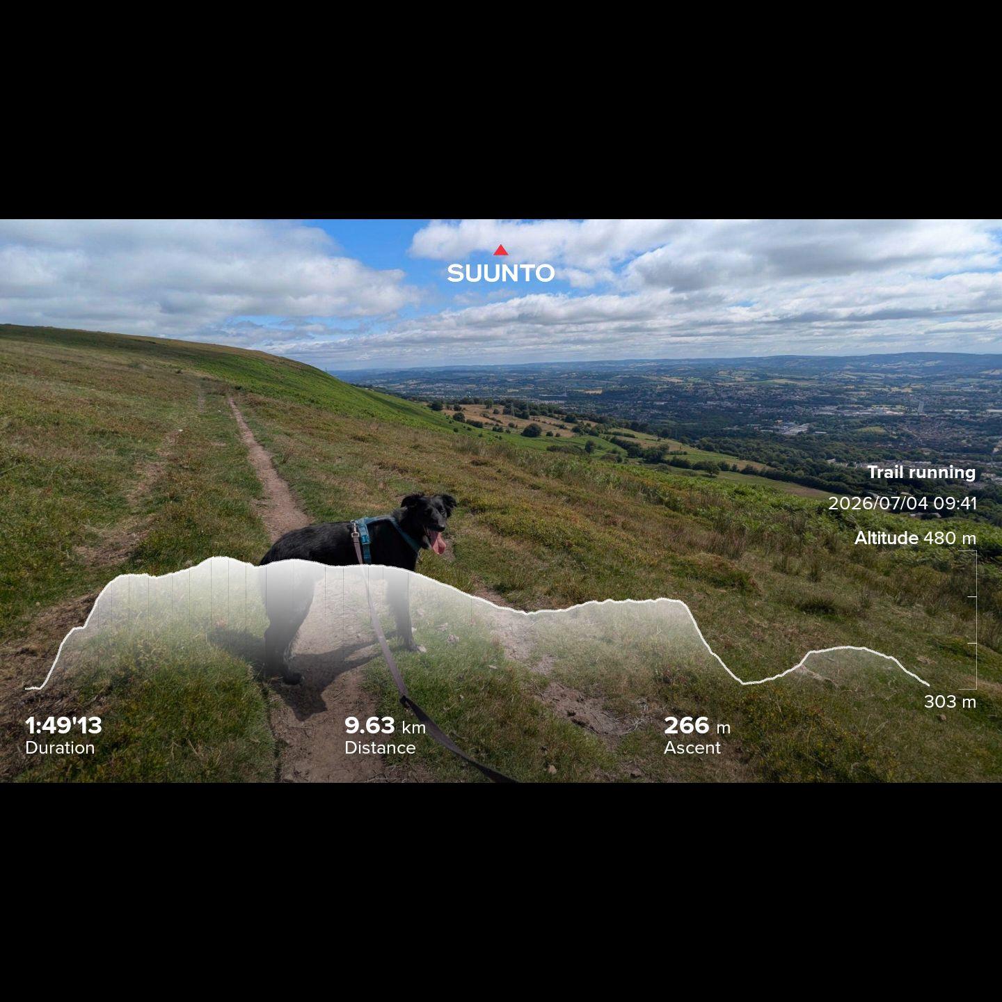 I didnt take a photo of all the litter I saw on this run, but trust me it was dirty. Paddy looking back at the camera with the trail leading into the distance on the hillside, with a very green welsh valley below big fluffy clouds above and my running stats imprinted on top